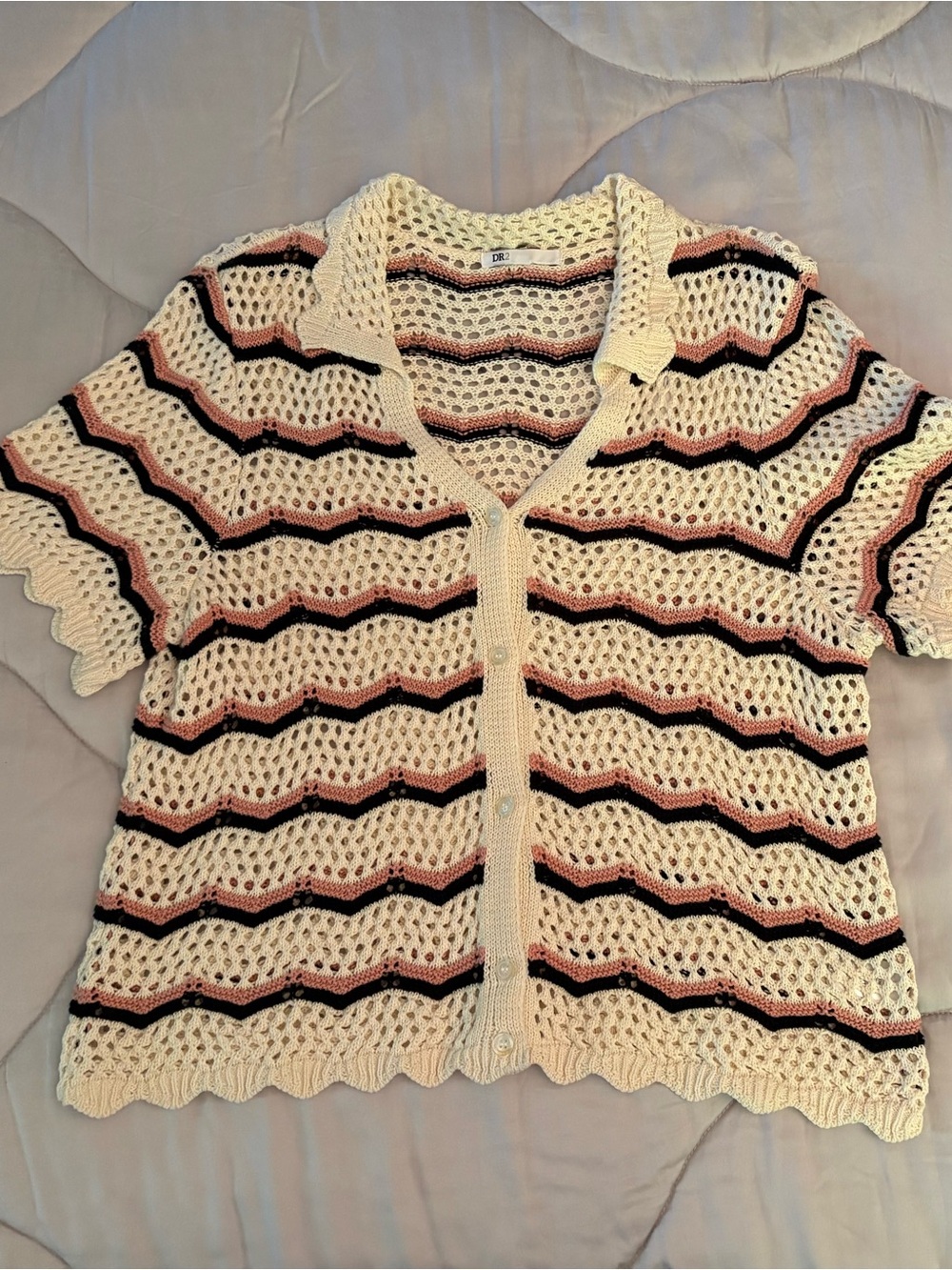 Cream Open-Knit Short Sleeve Cardigan with Striped Detail